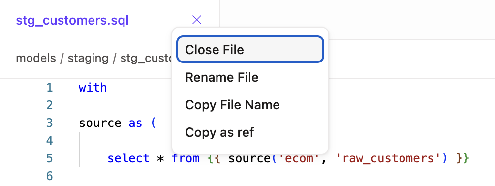 Right-click a tab to view the Editor tab menu options  Right-click a tab to view the Editor tab menu options